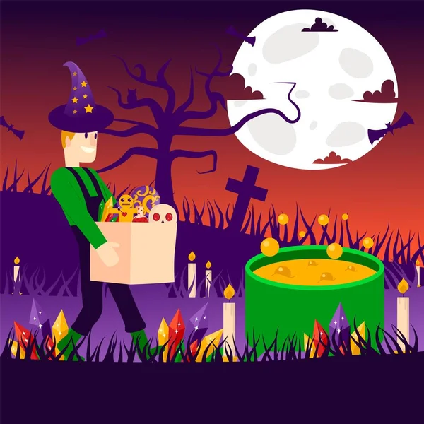 Personagem homem feiticeiro noite, cemitério com vela, árvore, lua transportar coisas mágicas e brews poção plana vetor ilustração . — Vetor de Stock