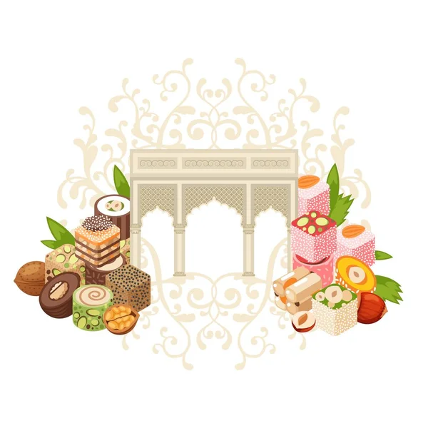 Isométrica delicia tradicional turca, fruta y postre de nuez aislado en blanco, ilustración vector patrón monograma . — Archivo Imágenes Vectoriales