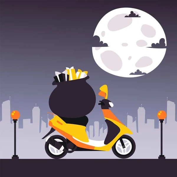 Scooter dengan sekantong hadiah, malam sepeda motor di bawah bulan, dua roda transportasi kota latar belakang datar vektor ilustrasi . - Stok Vektor