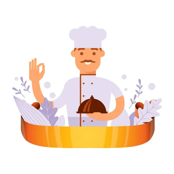 Cook visar OK tecken, karaktär mannen i huvudbonad med skålen, isolerad på vit, platt vektor illustration. Ingrediens för matlagning. — Stock vektor