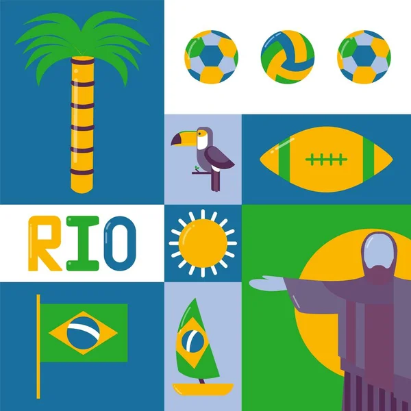 Rio, Brazília ikon ország zászló, Jézus megváltó szobra, tukán, csónak, labda, napfényes vektor illusztráció. Olimpiai játék Dél-Amerikában. — Stock Vector