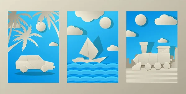 Découpe de bannière en papier, affiche et carte cadeau illustration vectorielle plate. Voiture, bateau, origami de train. Transport silhouette design . — Image vectorielle