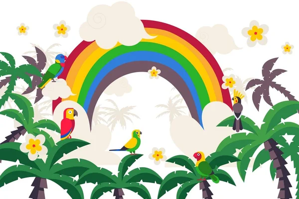 Paraíso tropical, arco iris, palma, loro, aislado en blanco, ilustración vectorial plana. País caliente con vida silvestre. País ecuatorial . — Archivo Imágenes Vectoriales