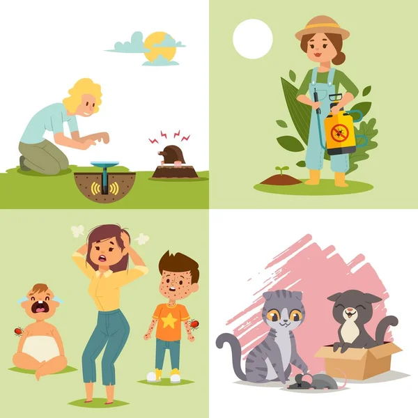 Pest in garden, insect flat vector illustration. Character woman with poison, children cry, cat get mouse, female repel mole. — Stock Vector