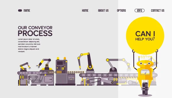 Nuestro banner web de proceso tecnológico de cinta transportadora para la ilustración vectorial de tecnología robótica. Contáctenos, sobre nosotros, inicio, botón . — Vector de stock