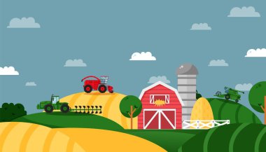 Çiftlik alanı, tarım sektörü, çalışan traktör, birleştirme, çalışan makine, düz vektör çizimi. Tasarım pankartı kavramı.