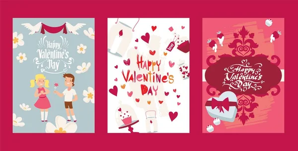 Cartaz de Valentine, fonte de texto, personagem menino, menina, presente presente, 14 de fevereiro, ilustração vetorial plana. Feliz dia dos namorados, panfleto rosa . — Vetor de Stock