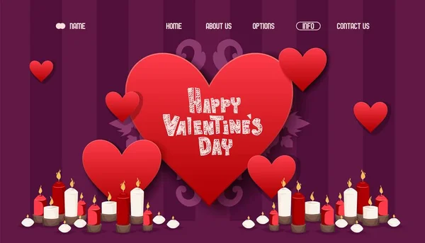 Happy valentine day,14 february, lovely pink heart, candle, flat vector illustration. Landing lovers day, date, cutting paper. — Stock Vector
