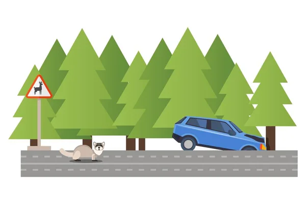 車の事故に関与し、車両の衝突森林道路、溝、野生動物のためにマシンの事故は、白、平らなベクトルのイラストに隔離された下落した。警告サイン鹿. — ストックベクタ