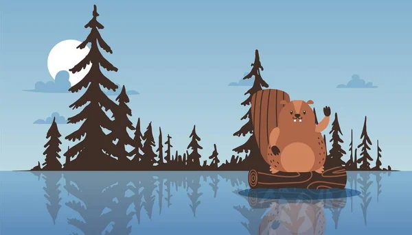 Beaver siedzieć na kikut, machając łapą, jezioro, las sosnowe tło, płaski wektor ilustracji. Krajobraz naturalny, zwierzęta dzikie. — Wektor stockowy