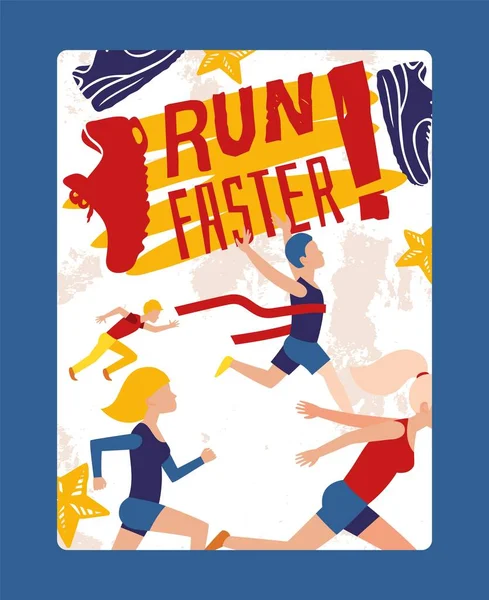 Run faster banner, sport activities event, character people, male and female, competition, isolated on white, poster flat vector illustration. — Stock Vector