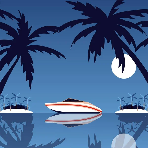 Bateau situé dans un endroit tropical, île paradisiaque, feuille de palmier silhouette plage de sable, rivage, lune de nuit mer, voyage océanique, illustration vectorielle plate . — Image vectorielle