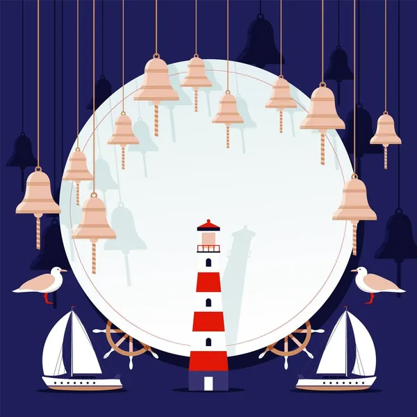 Океан, нічний морський плакат, чайка, маяк, рульове управління, човновий дзвінок, плоска векторна ілюстрація. Водна поверхня, море . — стоковий вектор