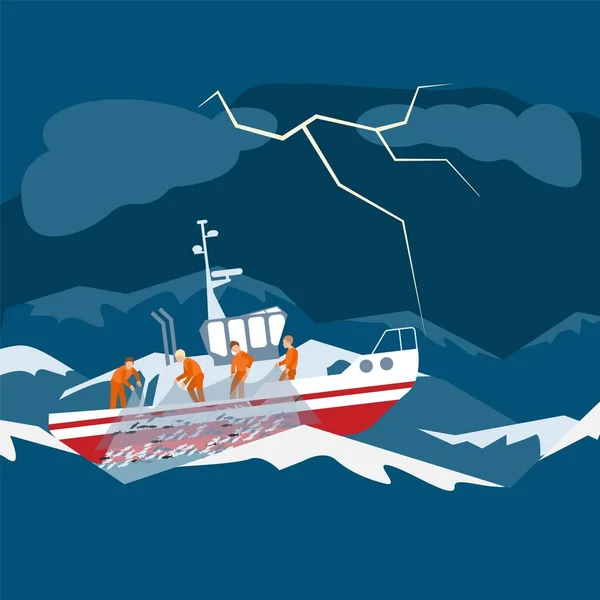 Equipo del barco de pesca de carácter, buque en tormenta de truenos captura de peces en el mar, océano, agua, ilustración de vectores planos. Tiempo tormentoso . — Vector de stock