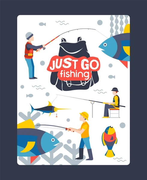 Basta andare a pesca, personaggio maschile, poster web, banner, illustrazione vettoriale piatta. Rilassatevi sul fiume, lago, acqua, pesci tropicali ed esotici . — Vettoriale Stock