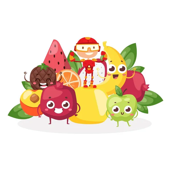 Personaje de superhéroe infantil, fruta de pie, baya, comida para niños fuertes, vitamina, saludable, aislado en blanco, ilustración vectorial plana . — Archivo Imágenes Vectoriales