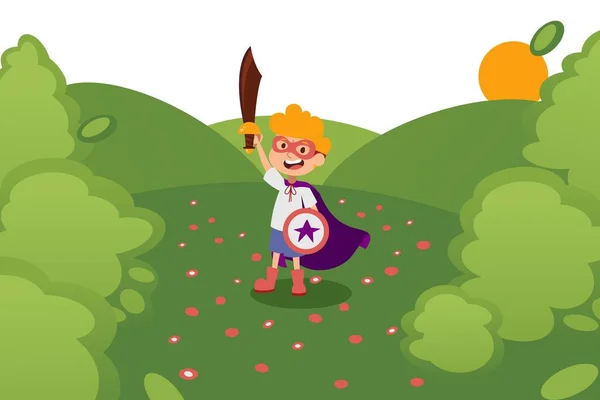Charakter dítě hrát ve dřevě, rytíř dítě s mečem, štít, plášť, maska ve venkovním parku, slunce, pole, ploché vektorové ilustrace. — Stockový vektor