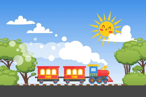 Los niños viajan en tren infantil, sol divertido, bosque verde, nube, ilustración de vectores planos. Banner de diseño, locomotora para niños . — Vector de stock