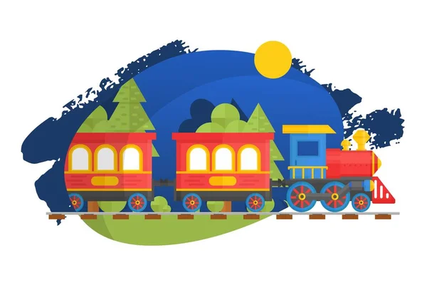 Los niños se entrenan en el ferrocarril infantil, aislados en blanco, ilustración vectorial plana. Juguete infantil realista, bosque verde, bosque . — Vector de stock