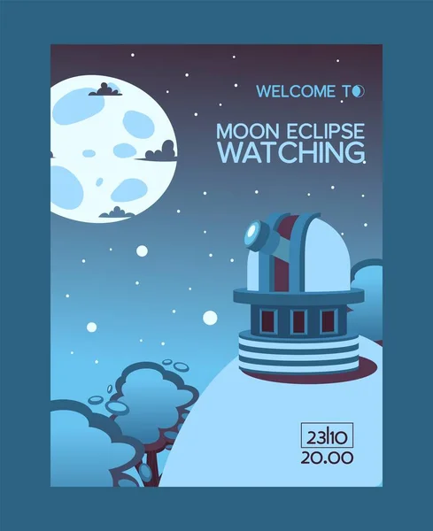 Maan verduistering kijken, welkom flyer, observeren station nachtelijke hemel, platte vector illustratie. Monitoring station, bergen en bossen locatie. — Stockvector