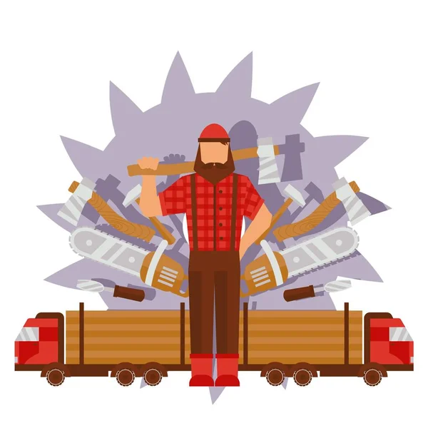 Χαρακτήρας αρσενικό ξυλοκόπος σε κόκκινο καπέλο, τσεκούρι, φορτηγό με ρυμουλκούμενο, πεύκο, κούτσουρα δάσος, πριόνι, σφυρί, όργανο ξύλο, εικονογράφηση φορέα. — Διανυσματικό Αρχείο