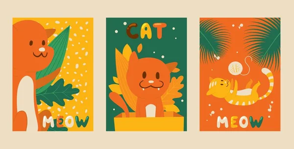 Katzenbanner, bunte Plakate, Vektorillustrationen. Einfache Postkarten mit lustigen Kätzchen, niedlichen Tieren. Katze sitzt in Kiste oder spielt mit Fadenball — Stockvektor