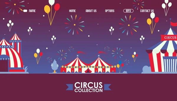 Disegno del sito web del circo itinerante, illustrazione vettoriale. Pagina di destinazione modello per carnevale, grande apertura luna park. Annuncio evento festival, festa con fuochi d'artificio — Vettoriale Stock