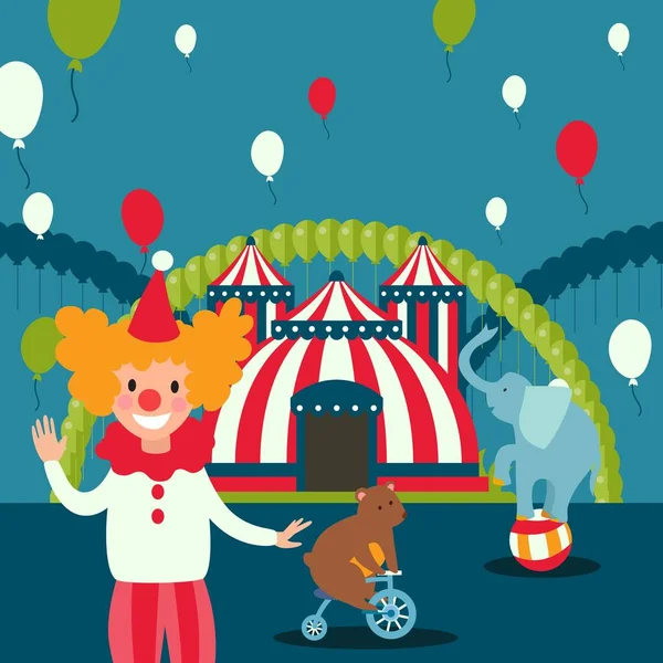 Manifesto del circo, illustrazione vettoriale. Scena di carnevale, invito al luna park. Tenda circense itinerante, tendone del festival, clown e animali addestrati. Spettacolo — Vettoriale Stock