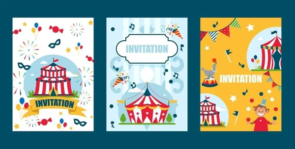 Modello di invito al circo, illustrazione vettoriale. Annuncio evento carnevale, banner luna park. Tenda del circo, tendone del festival e animali addestrati. Opuscolo sulle prestazioni di intrattenimento — Vettoriale Stock