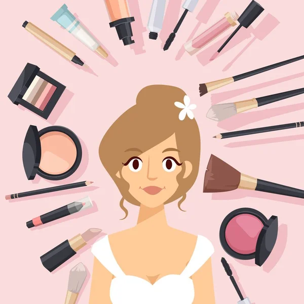 Makeup products, vector illustration. Beautiful woman surrounded by  cosmetic items brushes and liners. Professional makeup studio, beauty salon  promotion campaign - Stock Image - Everypixel