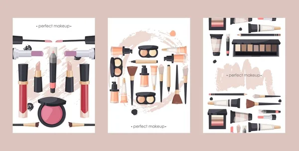 Makeup produktkatalog täcka mall, vektor illustration. Kosmetiska objekt broschyr, skönhetsbutik makeup kampanj. Uppsättning banderoller, reklamblad — Stock vektor
