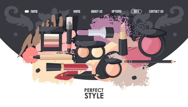 Diseño del sitio web de tienda de maquillaje, ilustración vectorial. Plantilla de landing page para tienda de cosméticos, campaña de promoción de salón de belleza. Tienda de maquillaje profesional, catálogo en línea — Vector de stock
