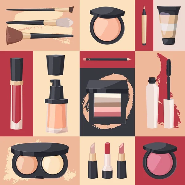 Makeup produkt ikoner i färgglada collage, vektor illustration. Kosmetiska isolerade objekt i platt stil, uppsättning klistermärken. Professionell makeup butik, katalog av kosmetiska varumärke — Stock vektor