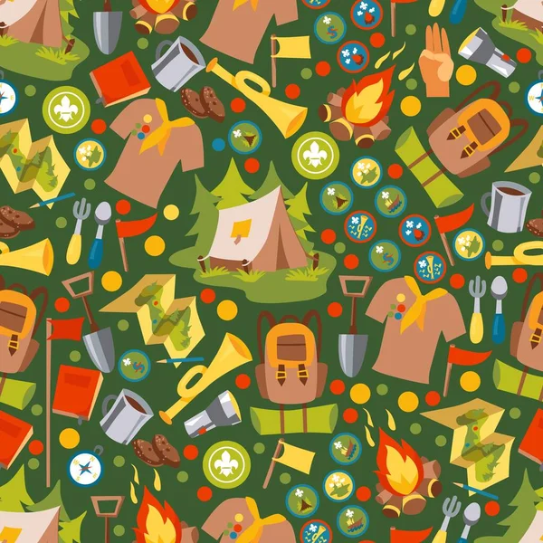Scout camp icons in seamless pattern, vector illustration. Set of isolated emblems, wrapping paper or fabric print design. Summer camping adventure, scout badges — Stock Vector