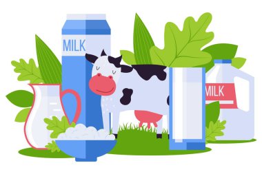 Animal farm, environmentally friendly dairy product collection vector illustration. Milk pack, cottage cheese in bowl, pet cow. clipart