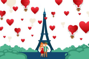 Paris 'te seyahat eden genç bir çift, Avrupa vektör illüstrasyonu. Eiffel Kulesi 'nin yakınındaki aşk şehrinin merkezinde duran bir adam ve kız.