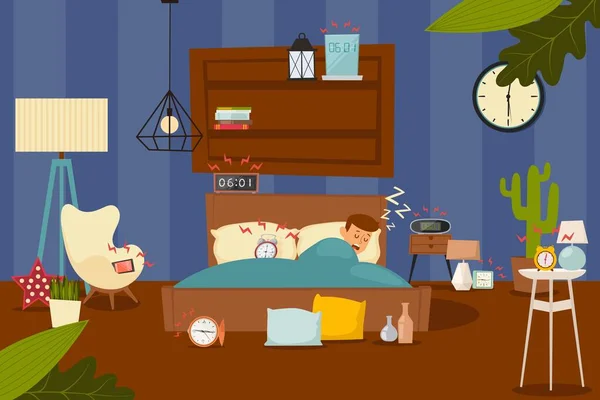 Relógio de alarme ilustração vetorial, despertando do sono. Homem personagem dormir na cama, muitos relógios de alarme no anel do quarto no horário definido . —  Vetores de Stock