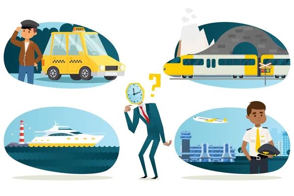 Uomo d'affari watchhead personaggio scegliere modo più veloce per viaggiare, illustrazione vettoriale. Taxi per viaggi d'affari con conducente, treno moderno ad alta velocità — Vettoriale Stock