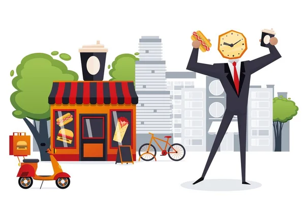 Tête de montre d'homme d'affaires ont collation rapide dans l'illustration vectorielle de bouffe. Fast food café de la ville pour les gens occupés caractère, hot dog — Image vectorielle