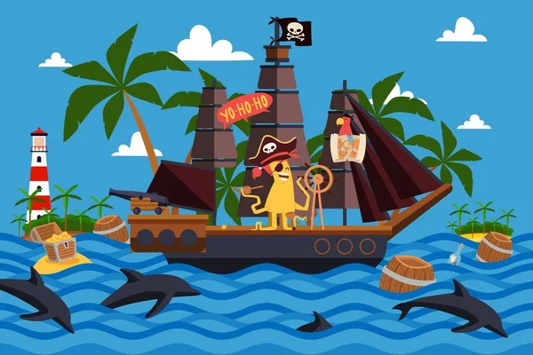 Monstres de Noël sur une illustration vectorielle de bateau pirate. Un capitaine borgne avec des tentacules se tient à la barre. monstre de caractère — Image vectorielle