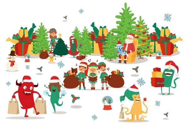 Felices monstruos de Navidad llevan regalos en cajas y bolsas multicolores, ilustración vectorial. Santa Claus sentado en silla cerca del árbol de Navidad — Vector de stock