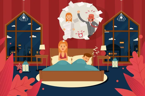 Προβλήματα ύπνου λόγω άγχους στη δουλειά, θυμωμένο αφεντικό. Τεταμένη, αναστατωμένη σύζυγος στην κρεβατοκάμαρα, ο σύζυγος αποκοιμήθηκε στο κρεβάτι. Κορίτσι χαρακτήρα μείνετε ξύπνιοι — Διανυσματικό Αρχείο