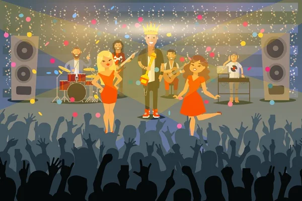Människor musiker uppträda på konsert framför publik, vektor illustration. Musikgrupp får pris på scen, berömd sångare — Stock vektor