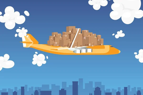 Transport postal par avion, illustration vectorielle d'ensemble de paquet. Boîtes en carton fixées avec du ruban adhésif solide sur l'avion, transport — Image vectorielle
