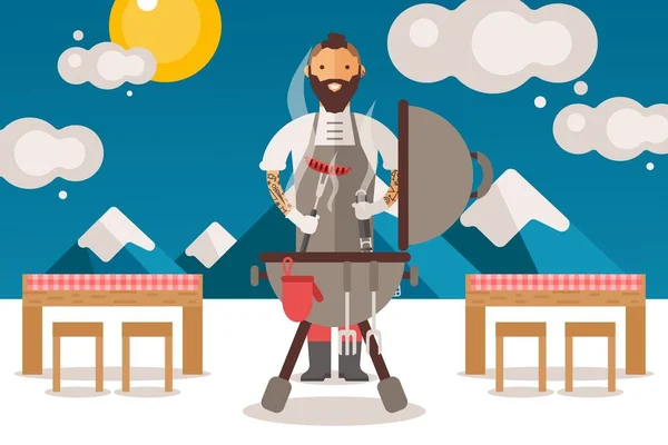 Szefowie gotują kiełbaski na grillu, ilustracja wektorowa. Człowiek z charakterem z brodą i tatuażami w fartuchu przy grillu, gotuj na zewnątrz — Wektor stockowy