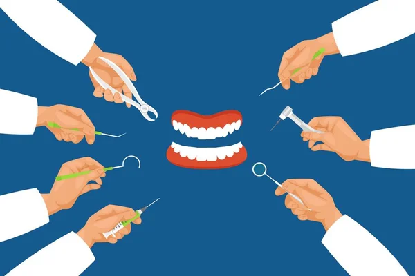 Tandheelkundige behandeling met hulpmiddelen, vectorillustratie. Handen professionele tandartsen reiken naar kaak met tanden. Cartoon injectiespuit — Stockvector