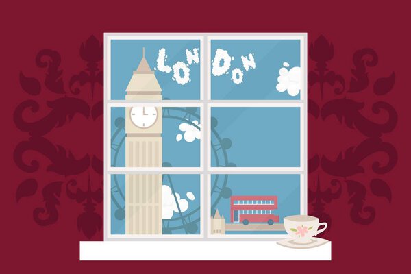 Europe London view window vector illustration. Double-decker red bus ride near cartoon Bigben, London Eye and Tower Bridge.