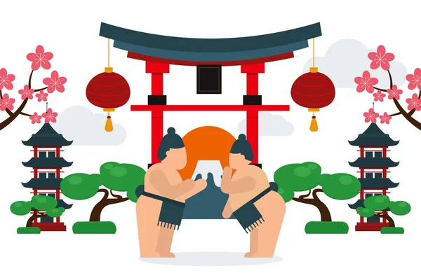 Tipo de deporte para personas gordas, ilustración vectorial. Luchadores de sumo uno frente al otro, gran peso corporal para banner de artes marciales . — Vector de stock