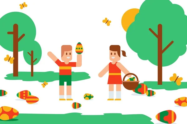 Los niños de Pascua plana buscan huevos coloridos festivos en el prado, ilustración vectorial. Chico y chica con cesta divertirse fuera . — Archivo Imágenes Vectoriales