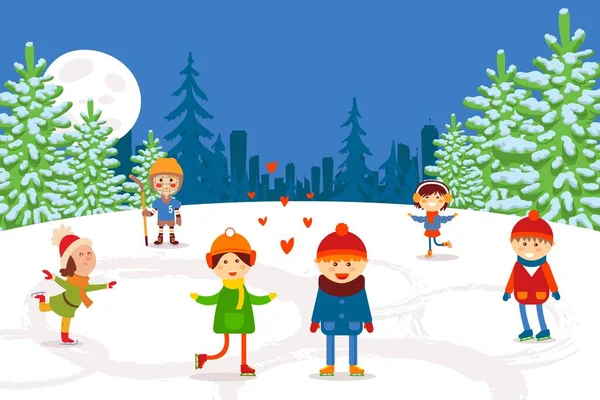Des enfants plats patinant sur un lac gelé, illustration vectorielle. Garçons et filles en vêtements chauds passent activement leur temps libre à l'extérieur — Image vectorielle